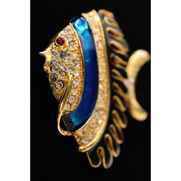 Vintage Fish Pin Brooch Blue Black Enamel Gold Rhinestone Crystal Chunky Bin5A - Picture 3 of 12